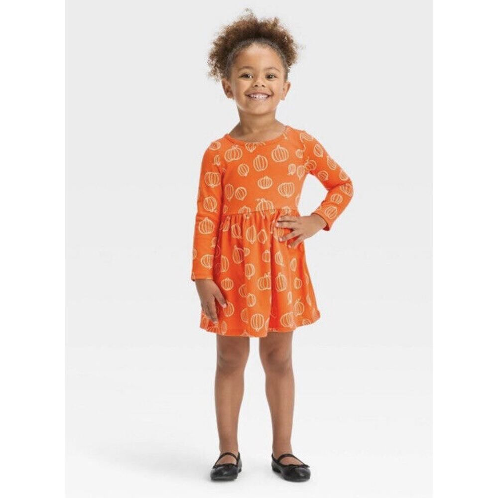 Toddler Girl Fall Halloween Thanksgiving Pumpkin Casual Long Sleeve Dress 4T